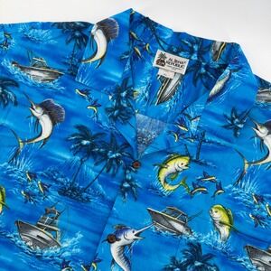 Aloha Republic Mens XL Blue Fishing Sailboat Palm Tree‎ Hawaiian Shirt